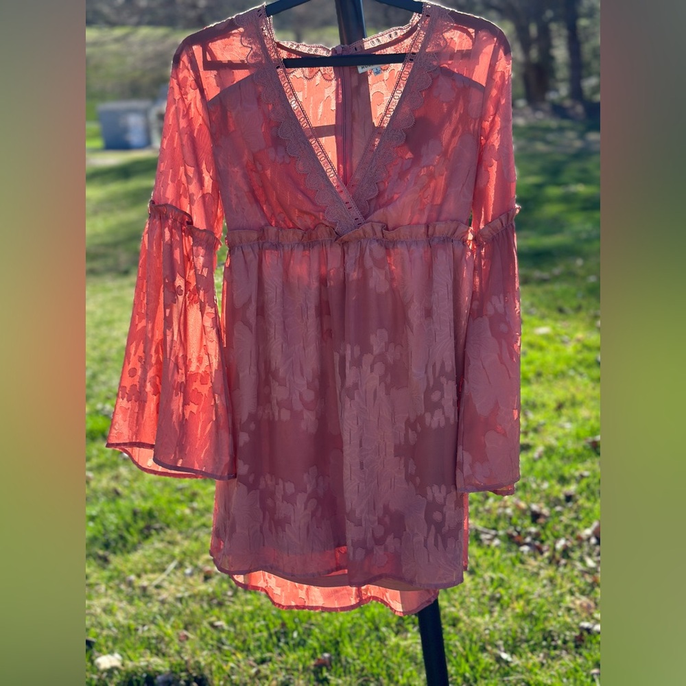 MOON RIVER Sheer  Lace V-Neck Boho Dress in Dusty Rose